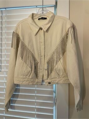 Rhinestone-Trim Ivory Denim Jacket - Blue B Collection